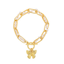 Nueva cadena de metal de perlas pulsera de doble herida ins temperamento mariposa colgante joyería de aleación